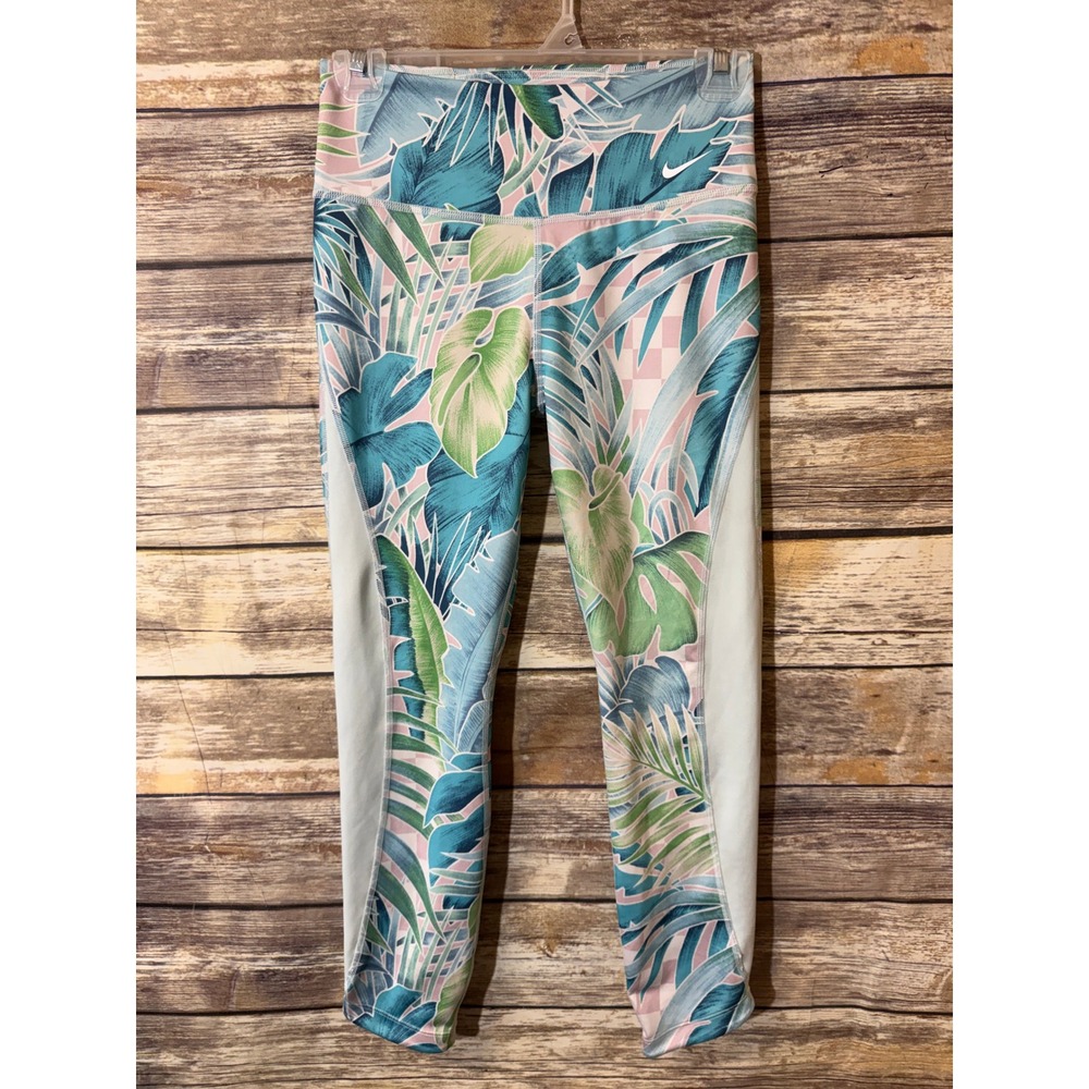 Nike One Luxe High Rise Tropical Print Training Tight Leggings‎ Teal Blue Leaf S